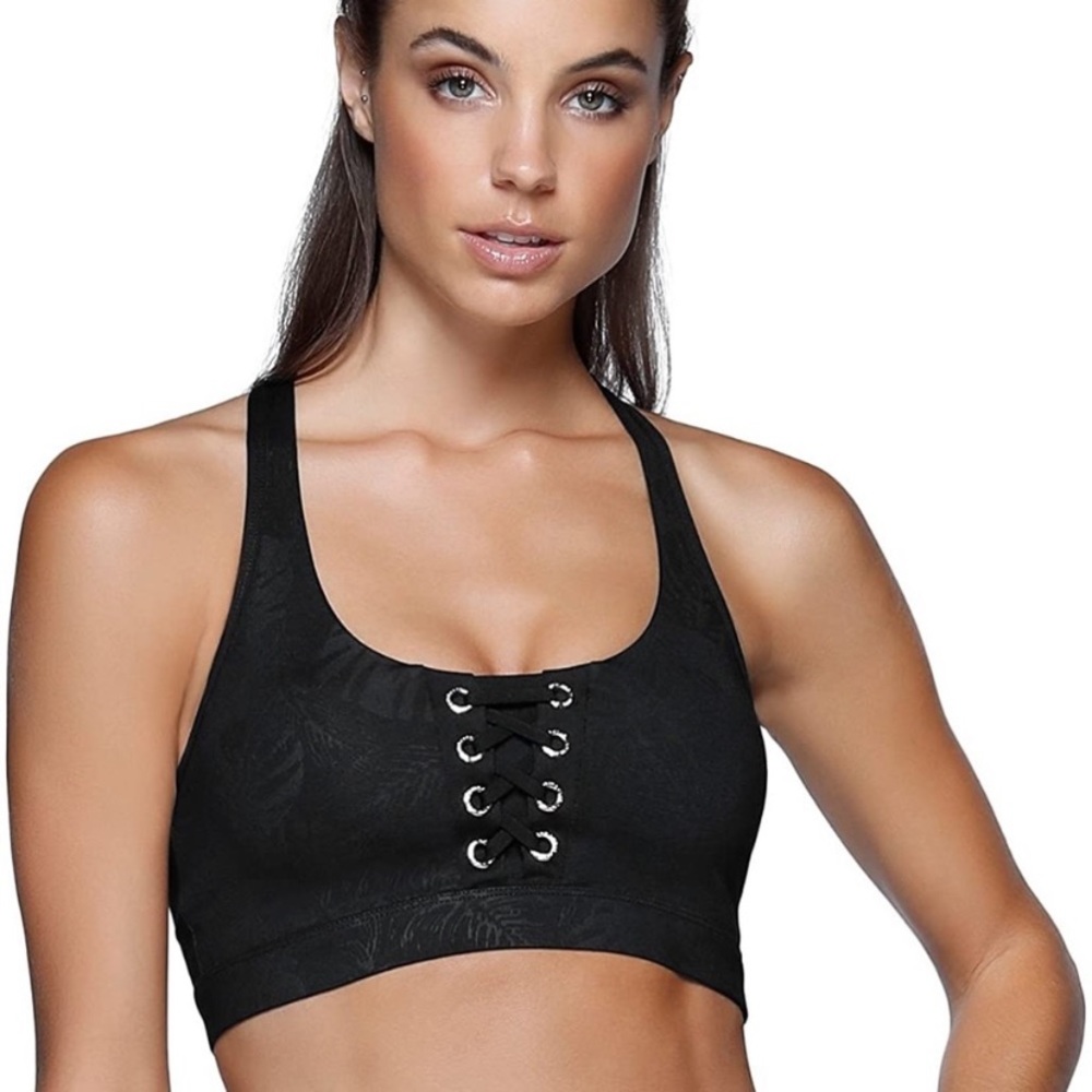 LORNA JANE Luxe Palm Sports Bra, Black w/ Gold Lace Up Design